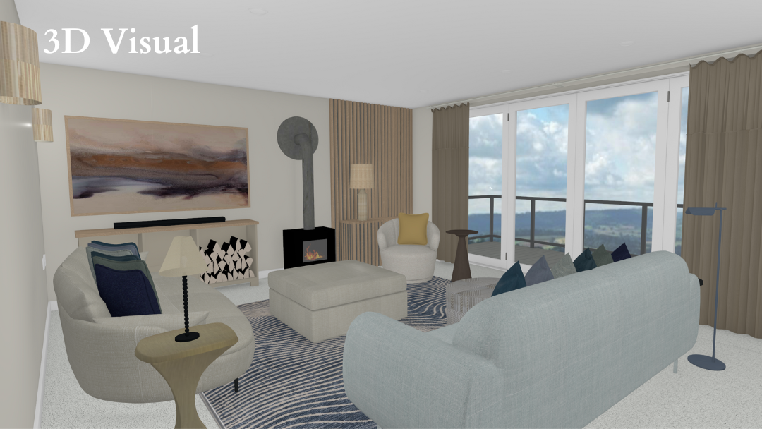 3D Visual : Rendered concept of sitting room layout with layered textiles, fireplace update, slatted feature wall, and contemporary furniture arrangement.