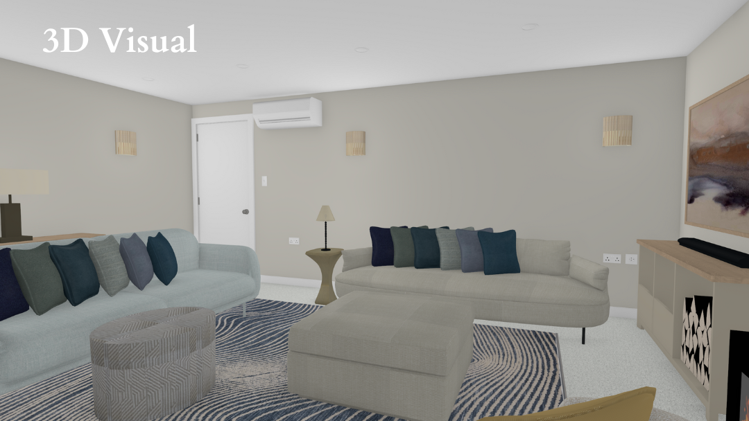 3D Visual : Proposed sitting room layout with blue-toned sofas, sculptural furniture and layered lighting