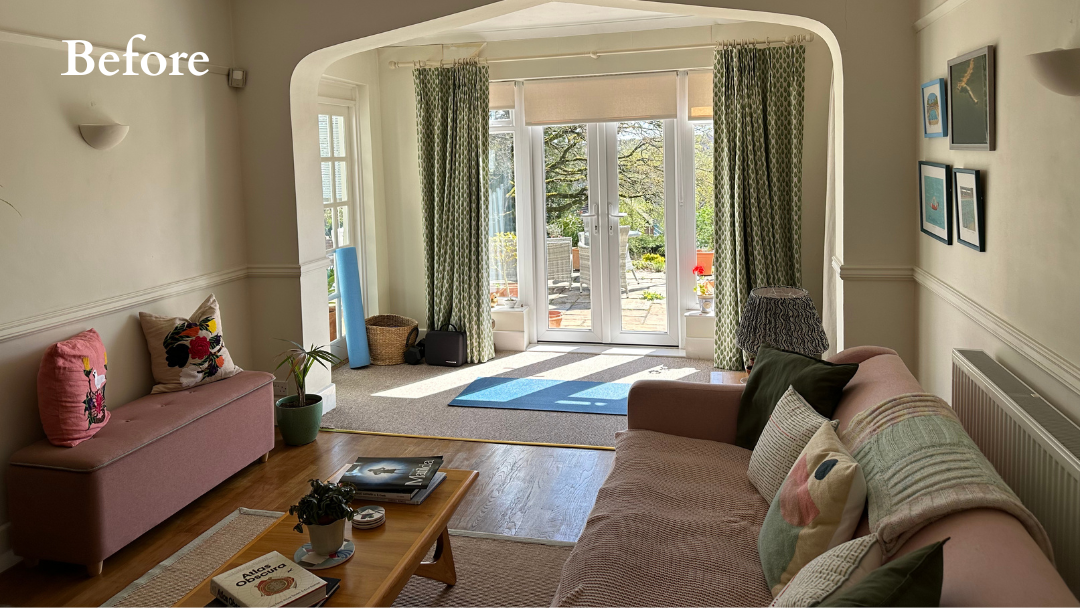 Original sitting room layout before redesign, with mismatched furniture and limited use of space