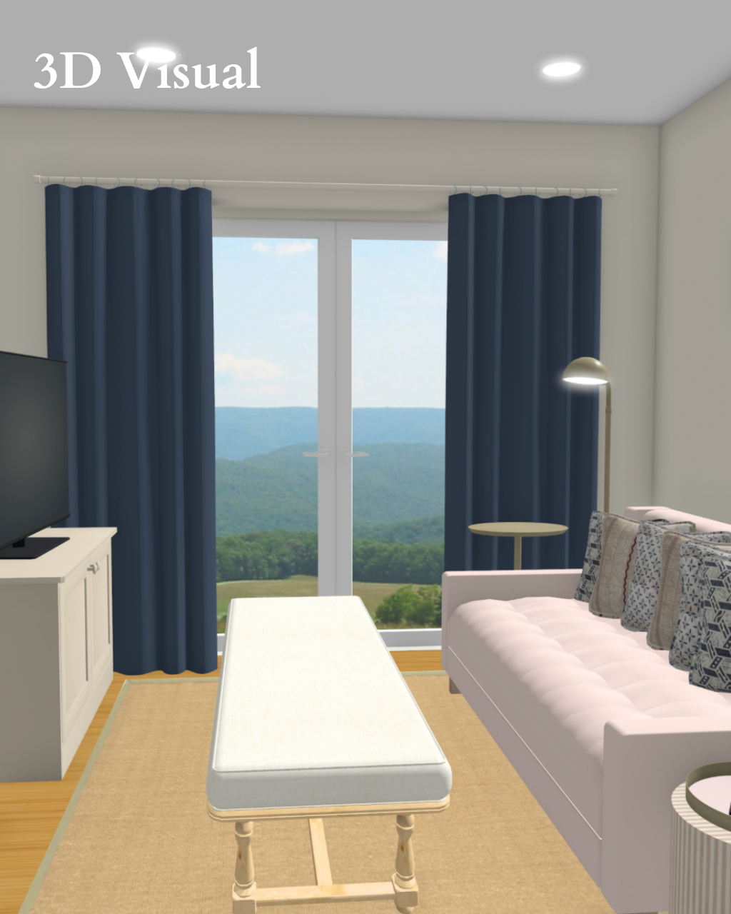 3D Visual : Snug with soft pink sofa, blue curtains and ottoman bench facing French doors