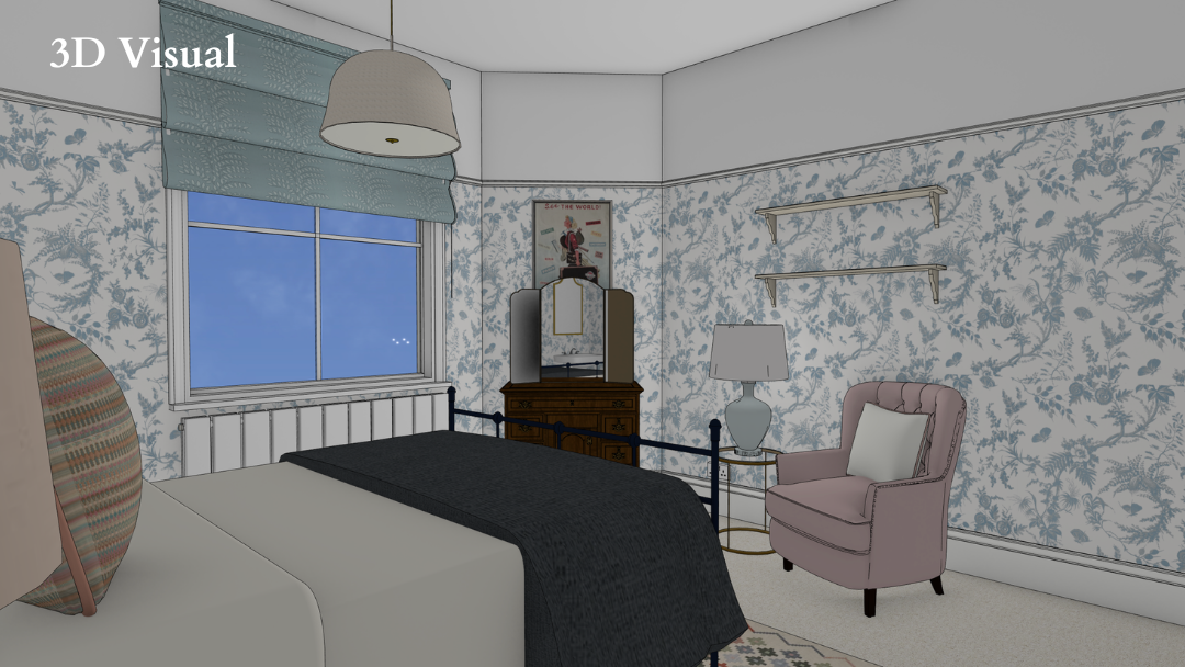 3D Visual - Guest Bedrooml with Floral Wallpaper | The House Ministry 3D Visual - Daughter's bedroom design with blue floral wallpaper and dressing table, designed by The House Ministry
