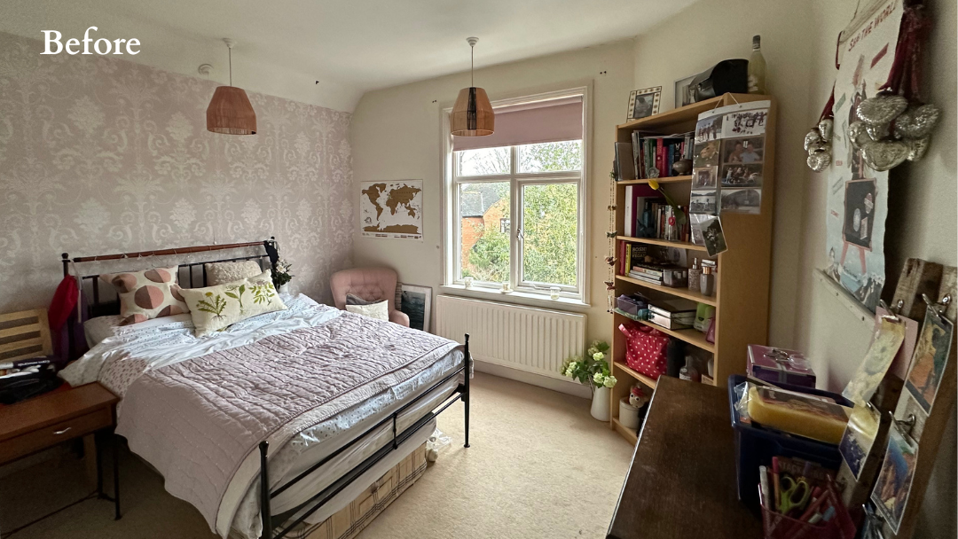 Before - Daughter’s Bedroom Before Renovation | The House Ministry Before - Daughter’s bedroom with pink feature wall, black metal bed and study area before redesign, designed by The House Ministry