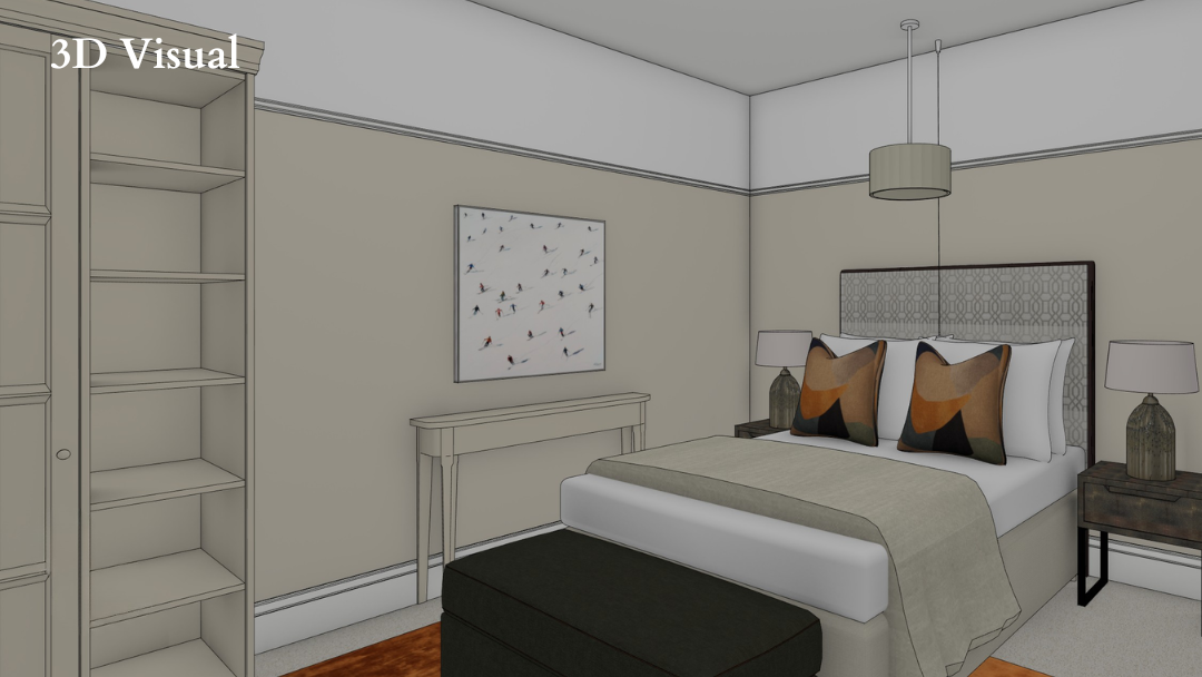 3D Visual - Bedroom with Upholstered Headboard | The House Ministry 3D Visual - Bedroom design with upholstered headboard, bespoke wardrobe with open shelving and neutral colour palette, designed by The House Ministry
