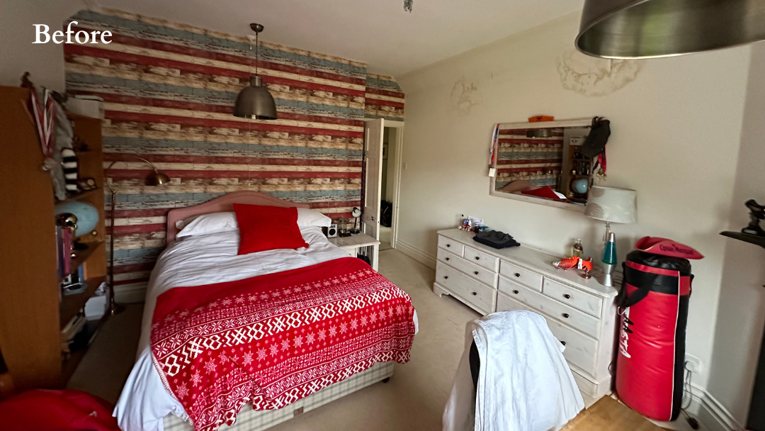 Before - Son’s bedroom with feature wallpaper wall, double bed and existing furniture before redesign by The House Ministry