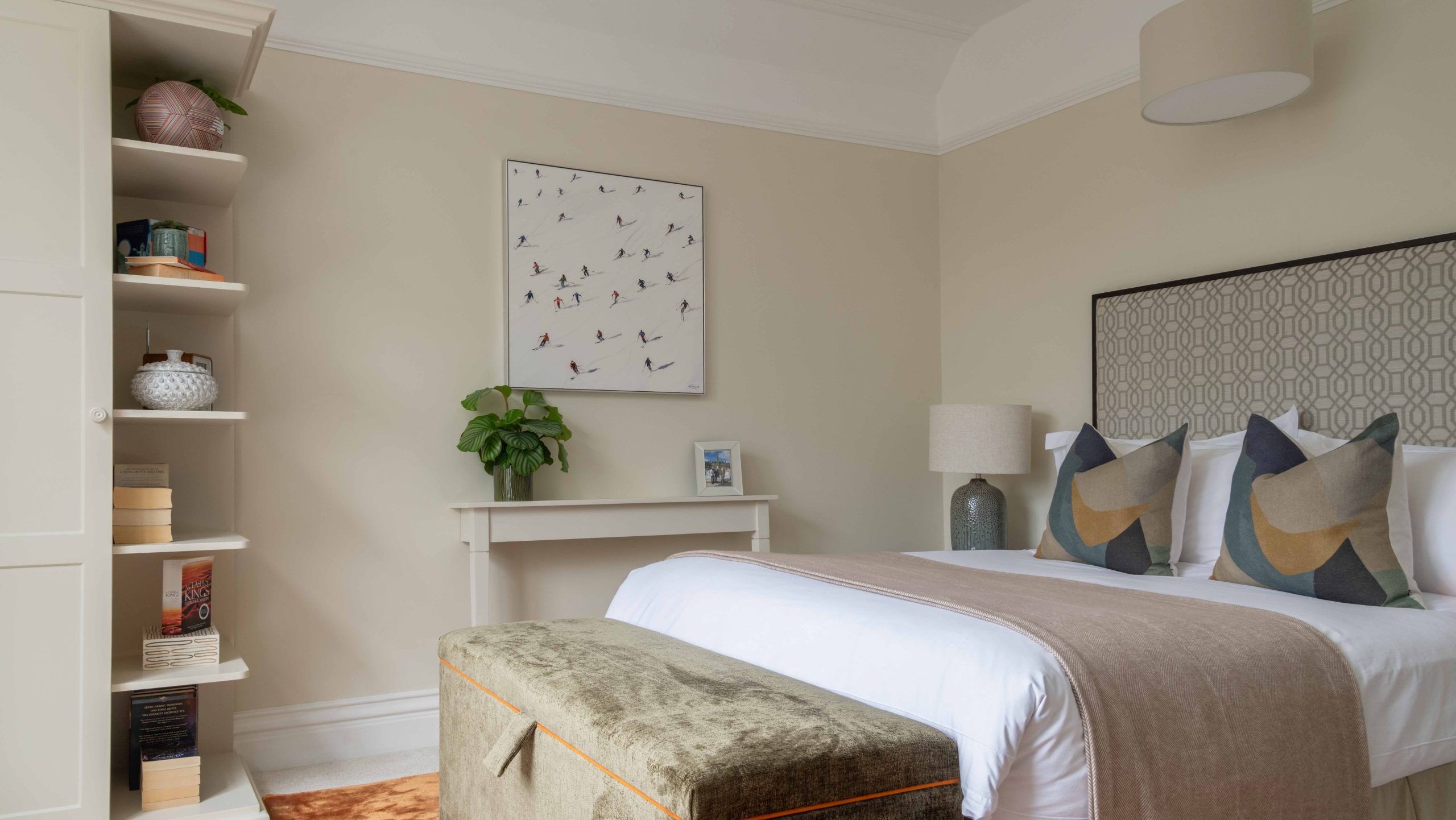 After - Finished Bedroom with Upholstered Headboard | The House Ministry After - Completed son's bedroom with upholstered headboard, bespoke wardrobe with open shelving and bench seat storage unit, designed by The House Ministry