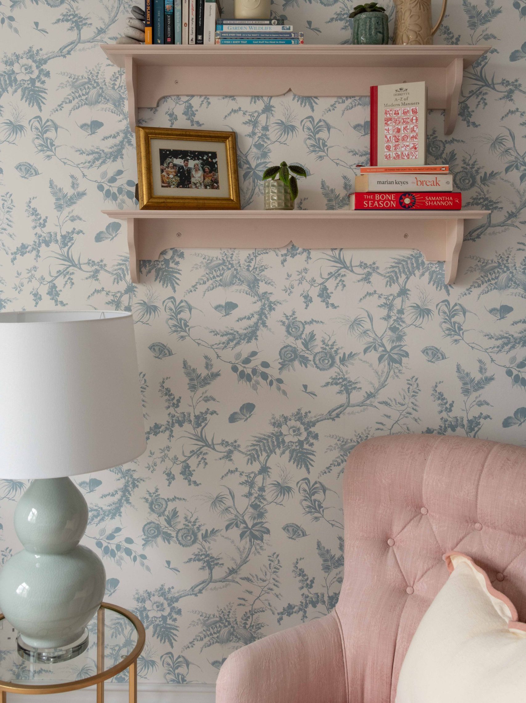 Daughter’s Bedroom Styling with Floral Wallpaper | The House Ministry Daughter’s bedroom styling with floral wallpaper, pink armchair and decorative shelving, designed by The House Ministry