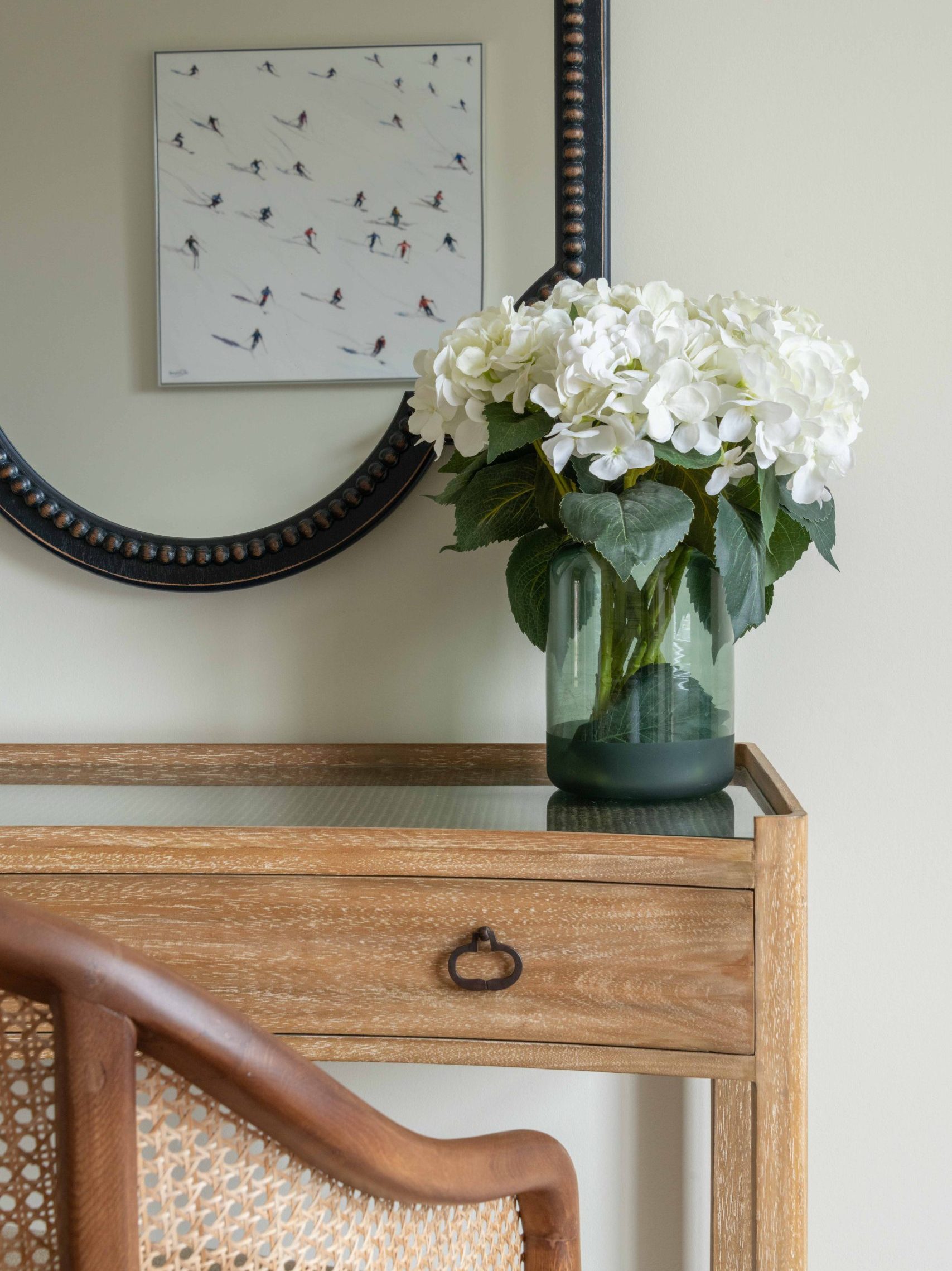 Son’s Bedroom Desk and Mirror Detail | The House Ministry Son’s bedroom desk with cane chair, bobbin mirror and styling details, designed by The House Ministry