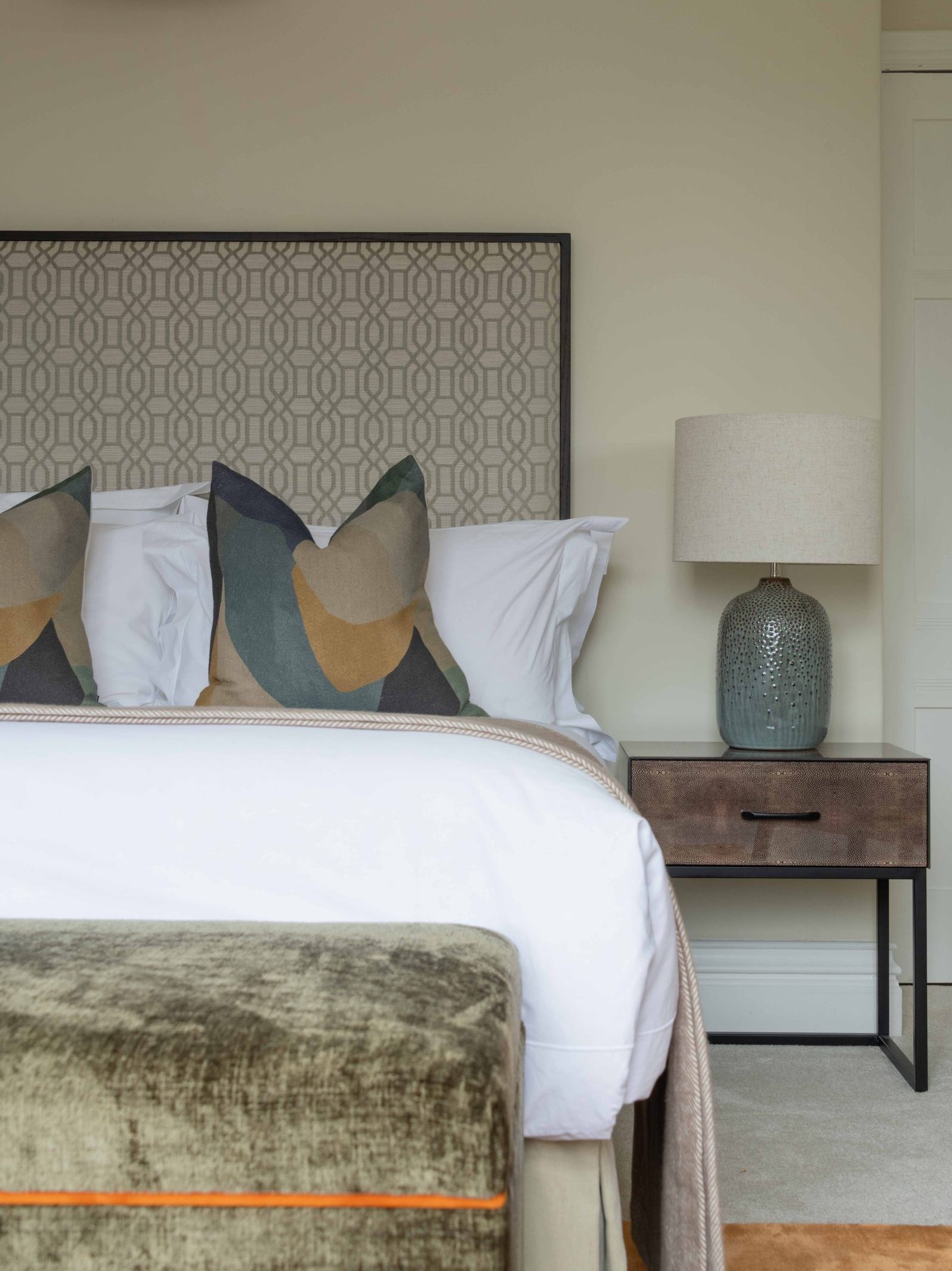 on’s Bedroom Styling with Upholstered Headboard | The House Ministry Son’s bedroom with upholstered headboard, bedside table and layered bedding, designed by The House Ministry