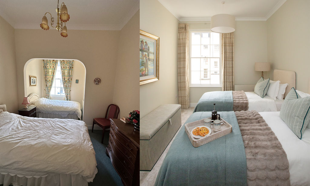 Bedroom before and after transformation with improved layout, lighting and furnishings in a Cheltenham renovation project