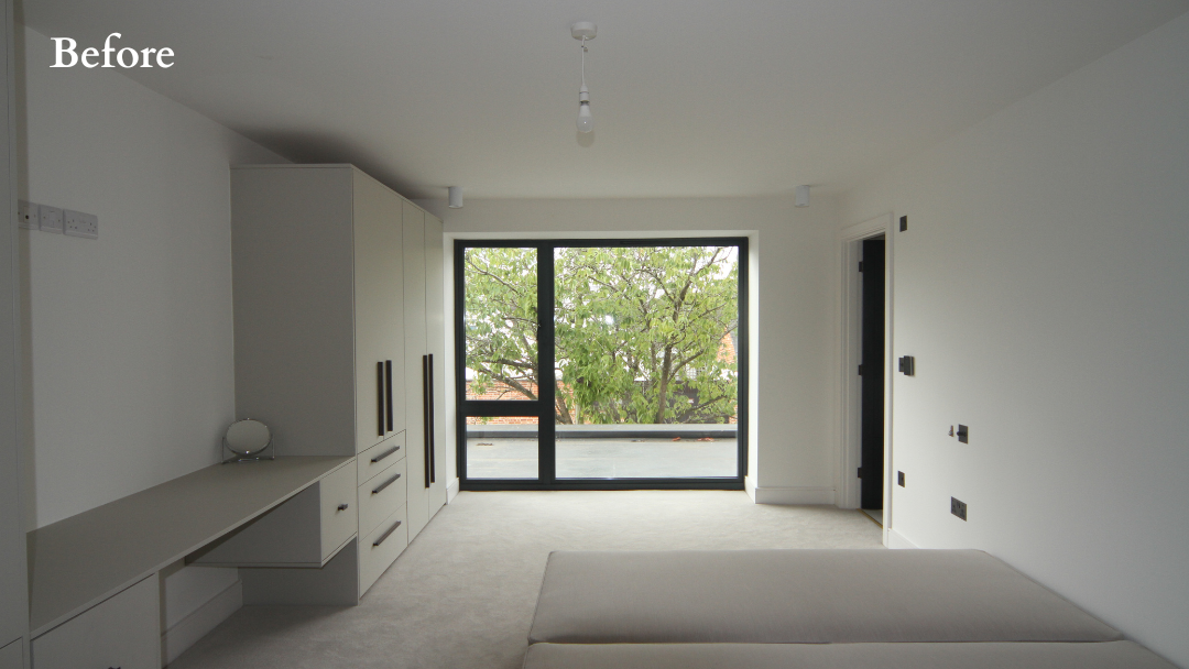Before - Guest Bedroom Interior Before Renovation | The House Ministry Before - Empty bedroom with fitted wardrobes, built-in desk and bare walls, ready for renovation